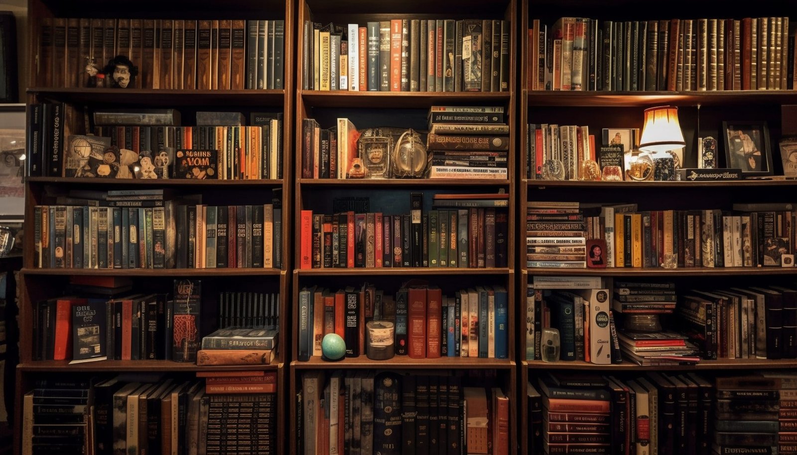Abundant collection of antique books on wooden shelves generated by artificial intelligence